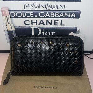 Bottega Veneta Studded Intrecciato Zip Around Black Leather Wallet